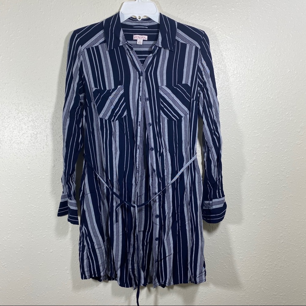 Merona Striped Shirt Dress Small Blue/White Long Sleeve Belted Summer Casual